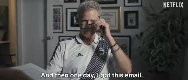 Will Ferrell in a white Adidas shirt reading an email. Subtitles display: "And then one day, I got this email." Netflix logo in the upper-right corner